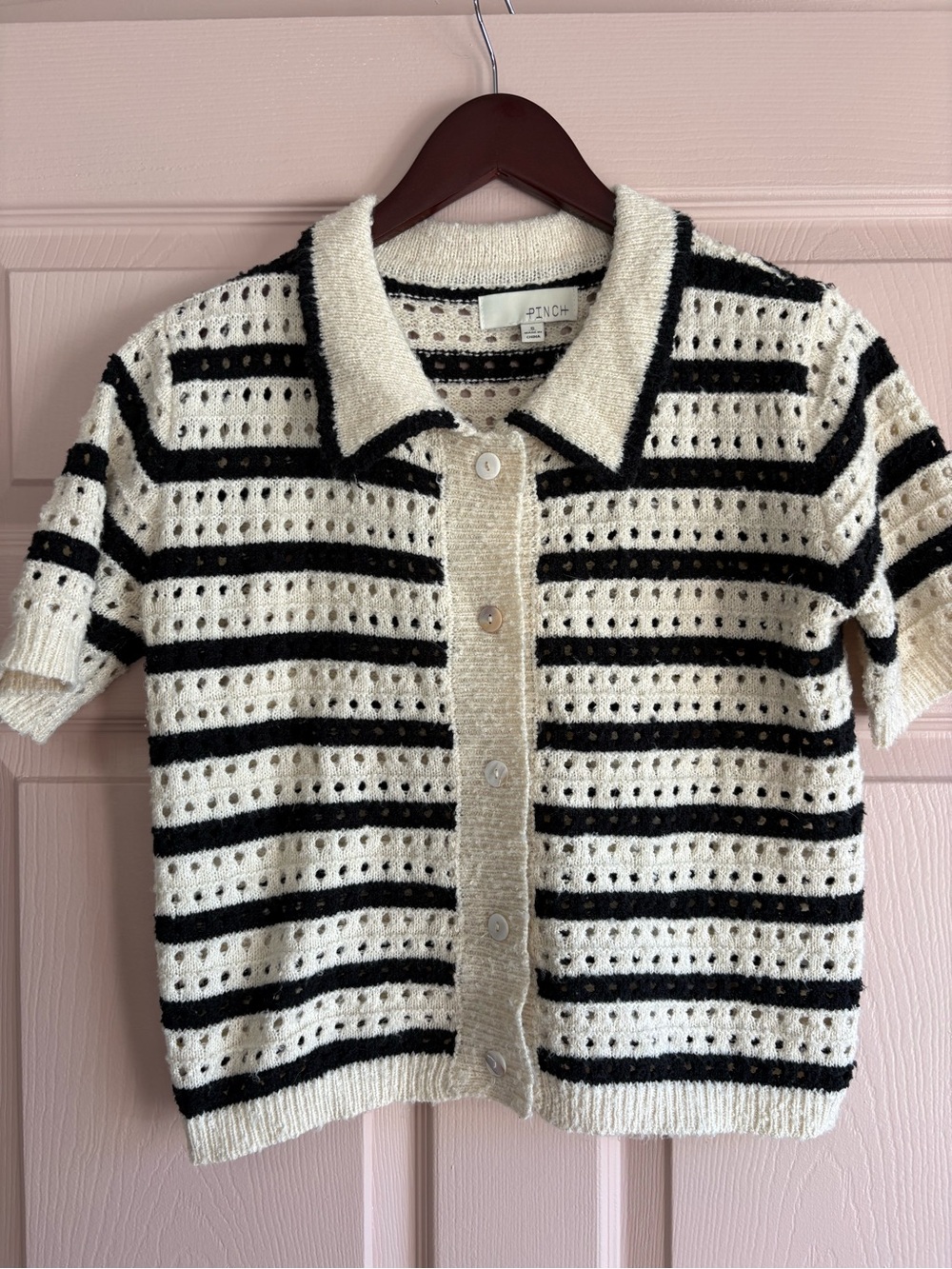 Pinch Cream and Black Short-Sleeve Open-Knit Button Cardigan